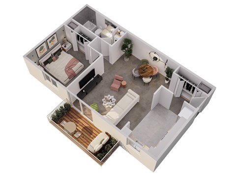 A 3D floor plan of a small apartment with a bedroom, living room, kitchen, and bathroom.